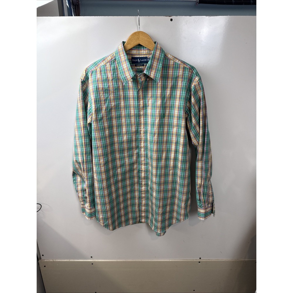 Ralph Lauren Mens Button Down Multicolor Green Tartan Plaid Classic Fit 17.5 34/